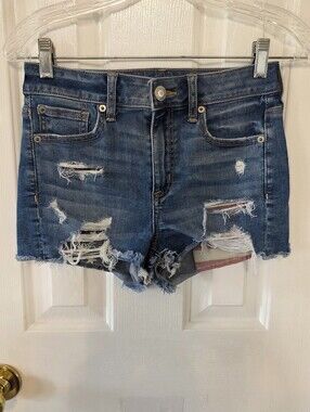 American Eagle Outfitters Distressed Blue Denim Jean Hi Rise Shortie Shorts 2